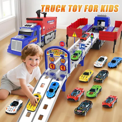 Miniatura 3 de SpringFlower - Juguetes de pista de carreras con camión portaequipajes, juguetes para niños de 3, 4, 5, 6 años con luces y sonidos, pista