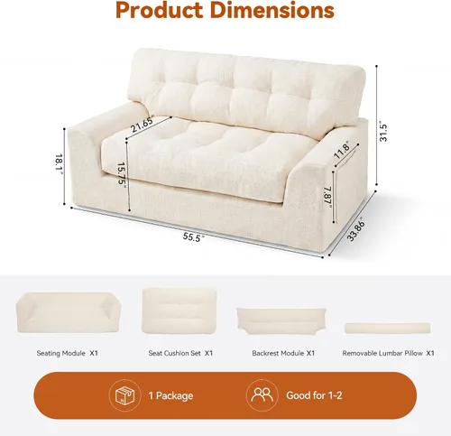 Miniatura 3 de MONVANE 55.5" Convertible Loveseat Sofa, 2-in-1 Boneless Sleeper Sofa Bed Futon Couch with Storage Pocket, Comfy Chenille Deep Seat Boneless Couch