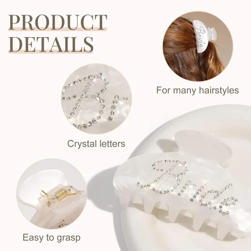 Miniatura 4 de Aileam - Pinza para el pelo de garra de novia, pinza de pelo acrílico blanco con diseño de plátano, logotipo de novia de diamantes de imitación