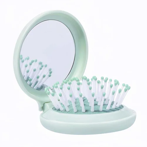 Mini cepillo de pelo con espejo para viajes y bolso, cepillo redondo compacto de tamaño de bolsillo y espejo, combo de regalo para mujeres, verde
