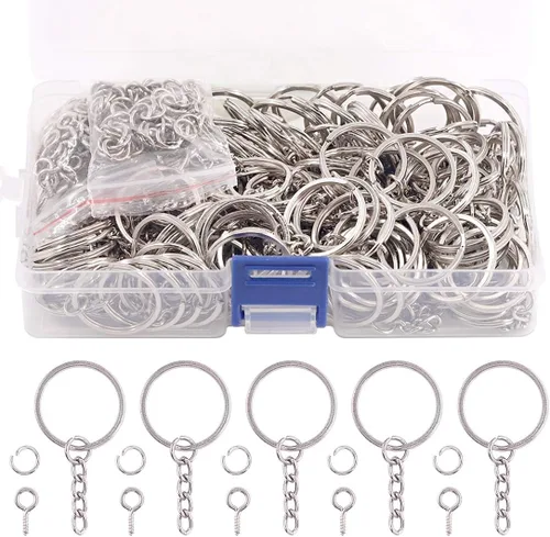 Miniatura 14 de Swpeet Juego de 450 llaveros planos negros de 4/5 pulgadas de 0.787 in, incluye 150 llaveros divididos con cadena y 150 anillos de salto con 150