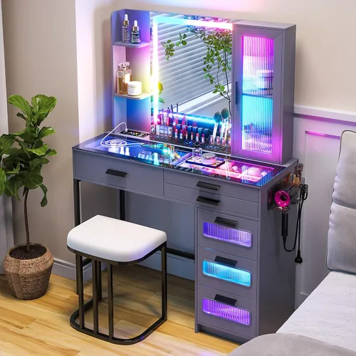 Miniatura 17 de HNEBC - Mesa de tocador RGB con espejo y luces, mesa de maquillaje con espejo LED y estación de carga USB/inalámbrica, juegos de mesa de tocador