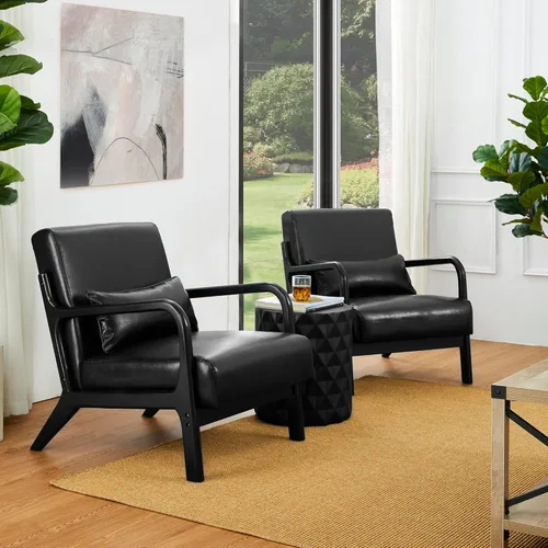 Miniatura 17 de Glitzhome Sillón Accent de mediados de siglo en verde cazador, sillón de lectura individual de cuero PU con marco de nogal y ruberwood Pu verde.