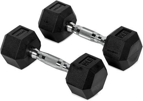 Miniatura 18 de Titan Fitness Pair Rubber Coated Hex Dumbbells, Roll-Resistant Hexagonal Free Weights, Chrome-Coated Handles with Knurling, Strength Training
