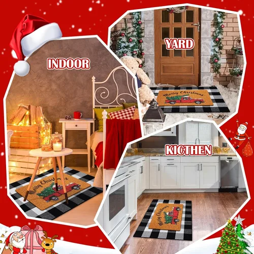 Miniatura 6 de Geelin 2 Tapetes de Puerta de Navidad, Felpudo Delantero Navideño a Cuadros Buffalo Blanco y Negro, Alfombra Decorativa de Árbol de Navidad