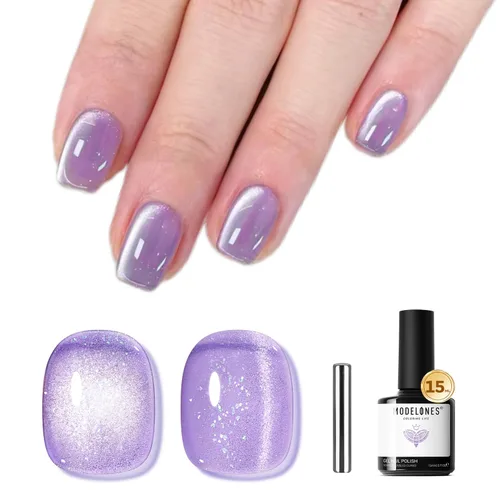 Miniatura 52 de Modelones Esmalte de uñas de gel ojo de gato arco iris con lentejuelas plateadas holográficas, esmalte de uñas de gel 9D con barra magnética, apto