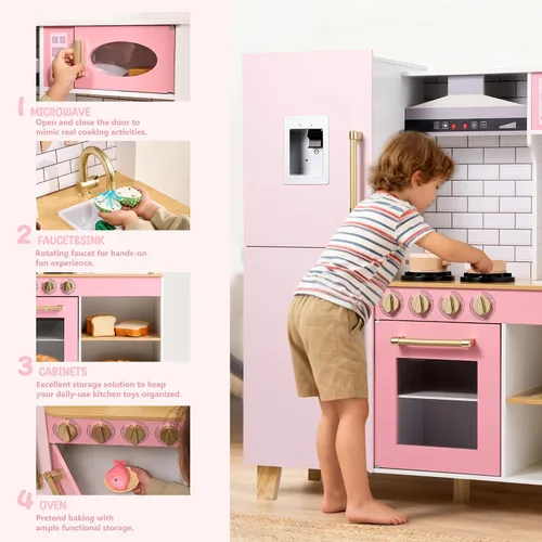 Miniatura 4 de Cocina de juego de madera para niños a partir de 3 años, cocina de juguete de simulación con luces y sonidos reales, estufa, fregadero, microondas
