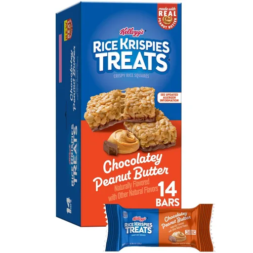 Rice Krispies Treats Cuadrados de Arroz Crujiente, Barras de Aperitivos, Mantequilla de Maní Chocolateada, Caja de 10.8oz (14 Unidades)