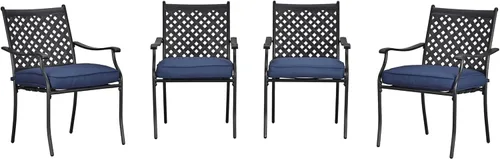 Miniatura 7 de LOKATSE HOME Juego de 4 sillas apilables para exteriores, sillas de comedor de hierro forjado con cojines y reposabrazos, juego de muebles de metal