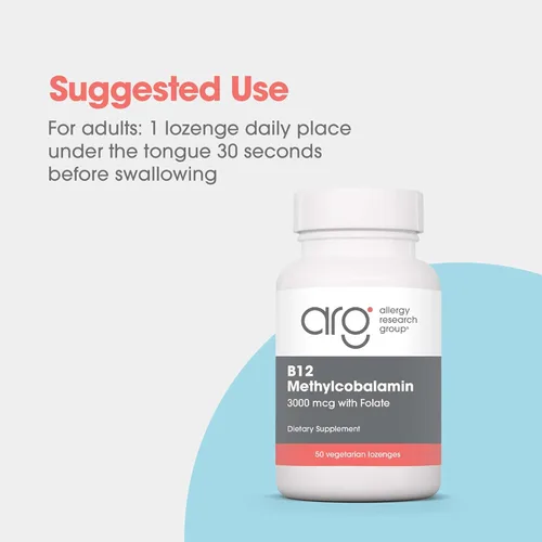 Miniatura 4 de Allergy Research Group ARG B12 Metilcobalamina 3000 mcg con folato - Pastillas de vitamina B12 - Salud nerviosa y apoyo energético - Vegetariano e