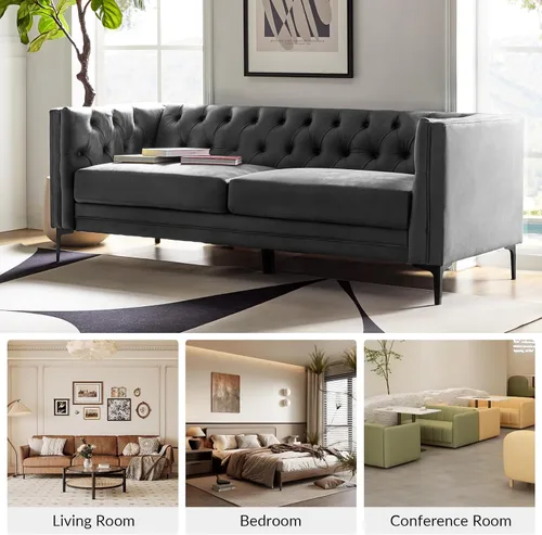 Miniatura 7 de HULALA HOME Sofá de Piel Sintética de 84" de Ancho con Patas Metálicas, Sofá de 3 Plazas con Botones Capitoné, Sofá Tapizado Contemporáneo Moderno