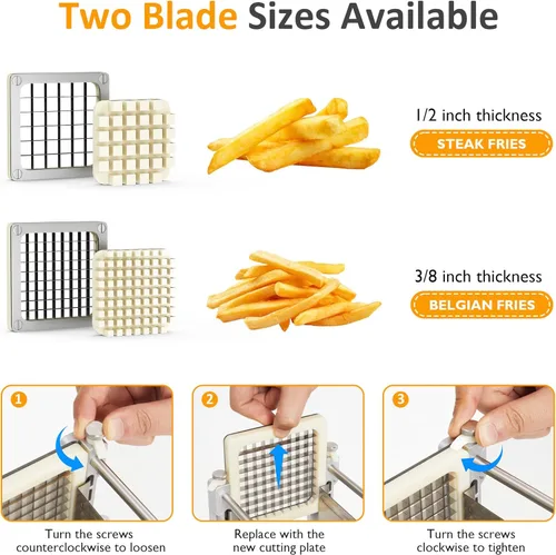 Miniatura 3 de Sunvivi Cortador de papas fritas de acero inoxidable: con 2 cuchillas reemplazables (1/2 y 3/8 pulgadas), cortador profesional para papas