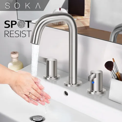Miniatura 8 de SOKA Grifo de baño generalizado de 8 a 16 pulgadas, 2 asas, níquel cepillado, grifos táctiles para fregadero comercial, 3 piezas, lavabo de tocador