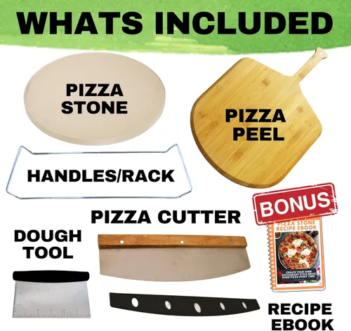 Miniatura 9 de Piedra de pizza grande para horno de 16 pulgadas, piedra redonda para pizza para parrilla con asas, juego de pala y cortador de pizza de madera