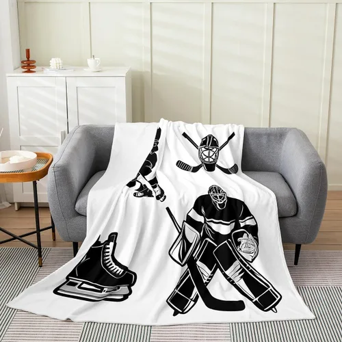 Manta de hockey sobre hielo para niños, niños, adolescentes - Manta de jugador en blanco y negro de 40x50 pulgadas, silueta de juego de deportes de