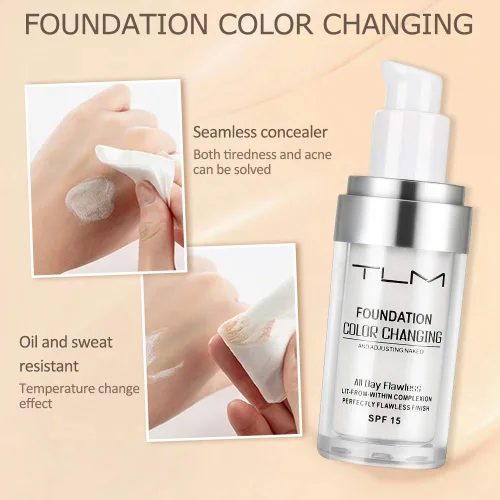 Miniatura 3 de 2 piezas TLM Base líquida de cambio de color con 2 pinceles y 2 esponjas cosméticas, base de maquillaje para una cobertura completa y natural
