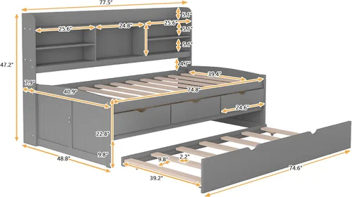 Miniatura 2 de Sofá cama versátil con 3 cajones de almacenamiento y nido, cama capitán de madera de tamaño individual con estantes integrados para sala de estar