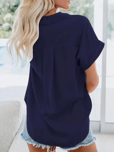 Miniatura 3 de APRAW Camisas casuales de manga corta con botones para mujer, de verano, de algodón, lisas, con bolsillos
