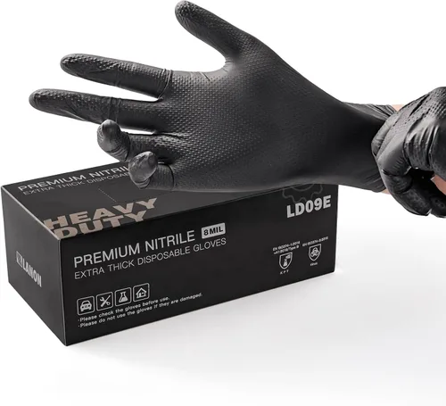 LANON Black Nitrile Disposable Gloves, EN ISO 374 Chemical Resistant, Heavy-Duty, Mechanic, Textured Fingertips, Latex-Free
