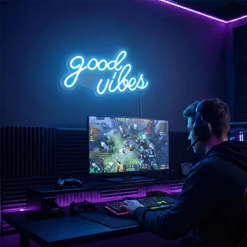 Miniatura 3 de DECANIT Letrero de neón Good Vibes azul hielo, luz LED genial para decoración de pared, sala de juegos, cueva de hombre, bar, configuración