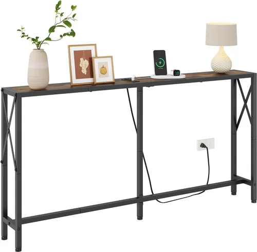 Miniatura 11 de Gewudraw Mesa consola de 41.7 pulgadas con tomacorriente, mesa estrecha detrás del sofá, diseño industrial delgado para pasillo, entrada, sala