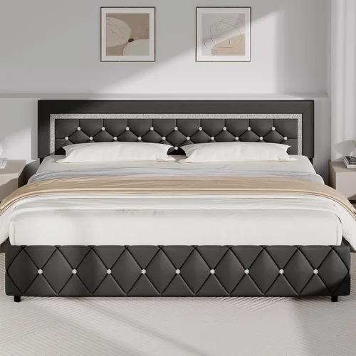 Miniatura 17 de BarnFurin Base de cama y cabecero tamaño King, cama tapizada de piel sintética con diseño capitoné de diamante, base de cama de plataforma moderna