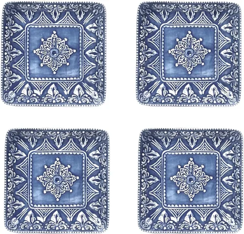Sungmor Vajilla fina de cerámica en relieve, porcelana de estilo barroco antiguo de 6 pulgadas, platos cuadrados para aperitivos, juego de 4, 4