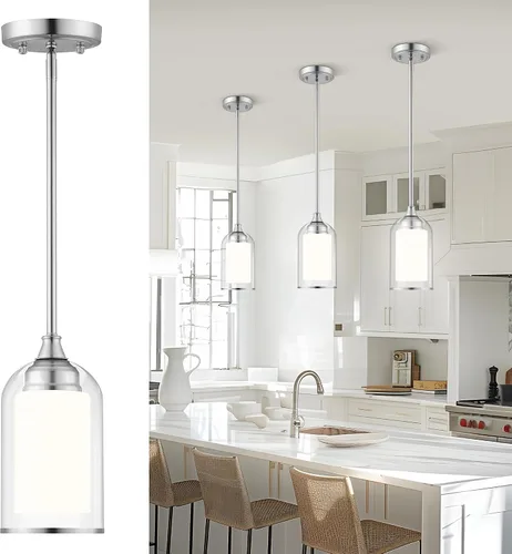 Miniatura 12 de LIROUVET Luces Colgantes Doradas para Isla de Cocina - Lámpara Colgante de Cristal Doble, Luz Colgante de 1 Luz con Cristal Transparente y Lechoso
