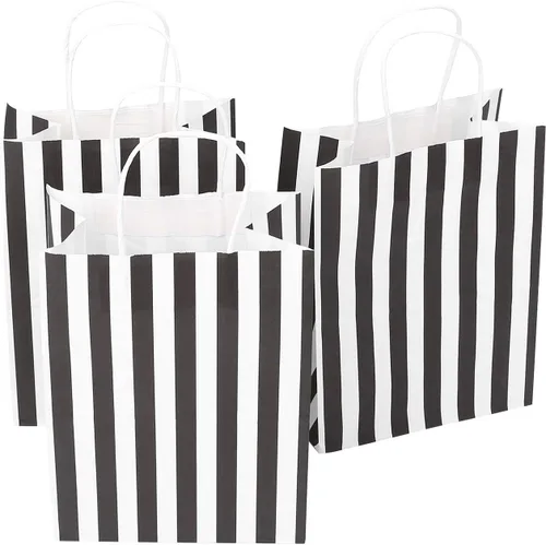 100 bolsas de regalo medianas, 8 x 4.75 x 10.5 pulgadas, bolsa de papel kraft reciclado a rayas blancas y negras con asas a granel para Navidad,