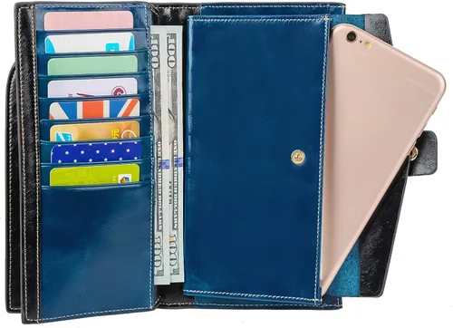 Miniatura 5 de YALUXE Cartera de piel auténtica para mujer, con bloqueo RFID, tarjetero múltiple con bolsillo para teléfono celular