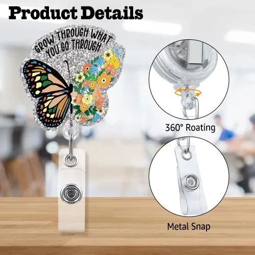 Miniatura 3 de Carrete retráctil de insignia con purpurina Grow Through What You Go Through con clip de cocodrilo, divertido soporte de insignia inspirador, regalo