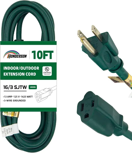 Cable de extensión para exteriores de 10 pies, 16/3 SJTW, cable de extensión verde duradero para luces de Navidad con enchufe de tierra de 3 puntas