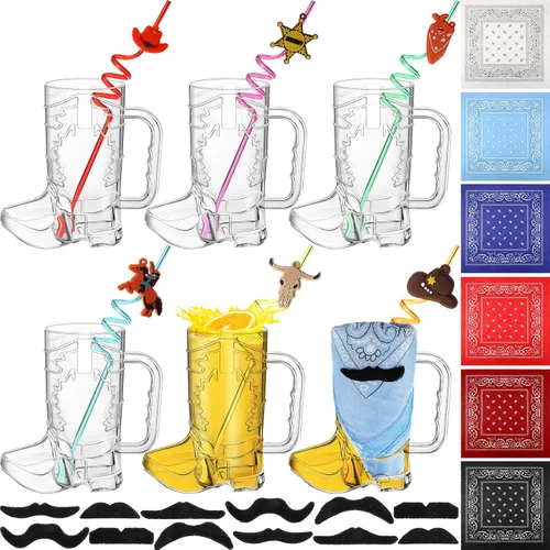 Sliner 30 piezas de recuerdos de fiesta de vaquero incluyen 6 tazas de botas de vaquero de 20 onzas, 6 pajitas de plástico de vaquera, 6 bandanas de
