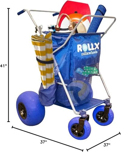 Miniatura 9 de RollX Carro de almacenamiento plegable con 4 ruedas de globo, neumáticos de playa traseros de 13 pulgadas y delanteros de 7 pulgadas