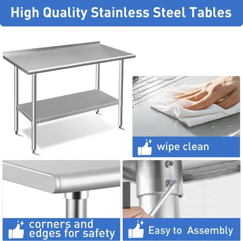 Miniatura 6 de Mesa de acero inoxidable para preparación y trabajo con protector contra salpicaduras, 24x72 pulgadas