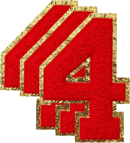 Miniatura 35 de 3 parches de números de chenilla negra, tamaño grande de 4-1/2" parches de números para planchar, parches universitarios para ropa, 8" Borde oro rosa