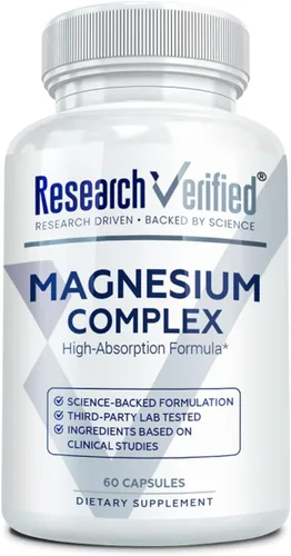 Research Verified Complejo de magnesio - Soporte cerebral, muscular y nervioso - Bisglicinato de magnesio, malato, citrato y óxido - Bioperina -