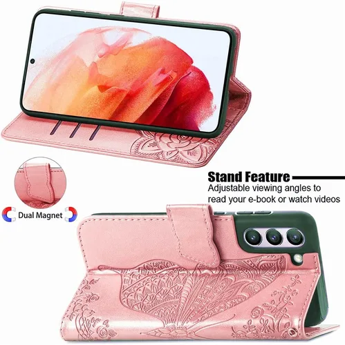 Miniatura 3 de Funda para Samsung Galaxy S21 FE, Samsung S21 FE 5G, piel sintética de alta calidad con diseño de mariposa en relieve, función atril, ranuras