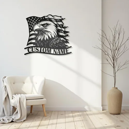 Miniatura 2 de Letrero de metal personalizado de águila y bandera estadounidense, arte de pared patriótico con nombre personalizado, decoración de hierro