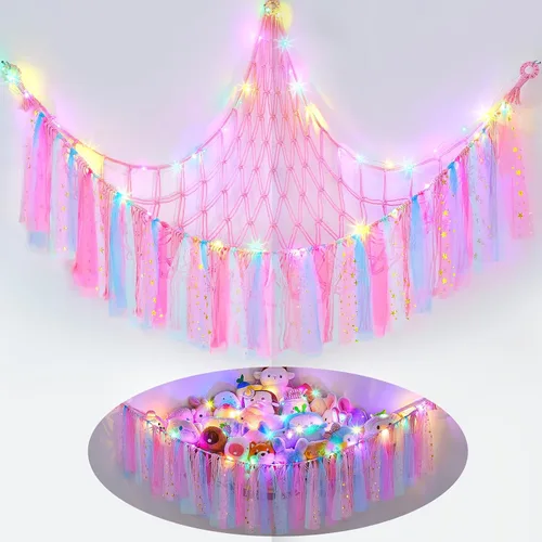 Miniatura 18 de FIOBEE Red de Animales de Peluche o Hamaca con Luz LED, Hamaca de Juguetes Colgante Organizador de Almacenamiento Soporte para Animales de Peluche