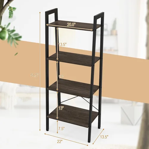 Miniatura 3 de Tangkula Estantería de escalera, estantería industrial de madera de 4 niveles con marco de metal, dispositivo antivuelco, estante de escalera
