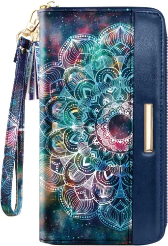 Miniatura 8 de Carteras para mujer, de piel sintética, tarjetero organizador con borla y correa de muñeca, Mándala, Casual