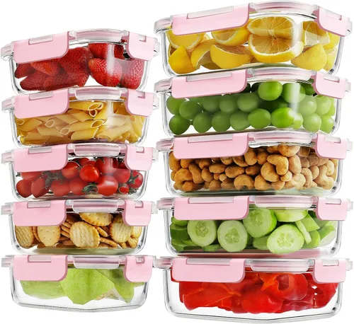 Miniatura 8 de HOMBERKING - Juego de 10 recipientes de vidrio borosilicato para preparación de comidas con tapas de cierre, juego de recipientes de vidrio