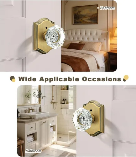 Miniatura 9 de Gobrico Juego de pomos de puerta de vidrio transparente para interiores, cerradura de puerta de cristal de diamante de privacidad en latón antiguo