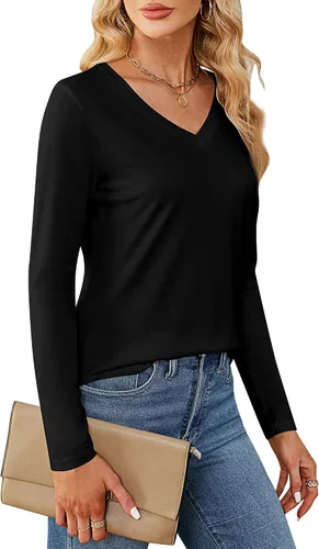 Miniatura 4 de Ficerd Paquete de 2 camisetas de manga larga para mujer, cuello en V, casuales, ajustadas, básicas, de color sólido, dobladillo curvado