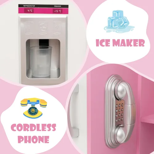 Miniatura 3 de KOTEK Juego de cocina con luces y sonidos, juego de cocina de madera para niños pequeños con máquina de hielo, lavadora, 16 accesorios y estufa, Rosa