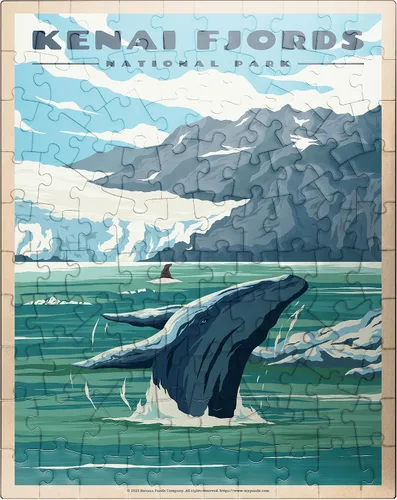 MyPuzzle Parque Nacional de los Fiordos Kenai - Refugio de ballenas en la naturaleza, póster de viaje vintage, rompecabezas premium de 100 piezas