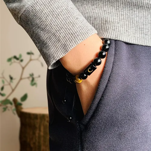 Miniatura 16 de SUMMER LOVE Regalos para el Día del Padre, pulsera con inicial de piedra de ónix negro de 0.394 pulgadas para hombres, pulsera de cuerda trenzada