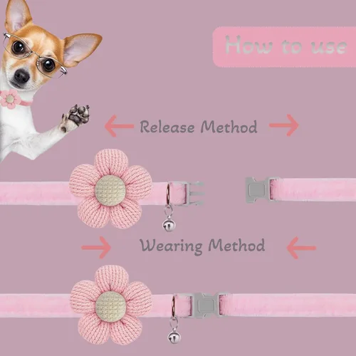 Miniatura 3 de Collar para perros pequeños con flor, Collares para cachorros XS, Collares para perros pequeños con campana para niña niño perrito pequeño (Rosa)