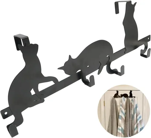 Evelots Organizador para colgar toallas y abrigos sobre la puerta, con 4 ganchos, diseño de gatito, fácil instalación sin herramientas, hierro